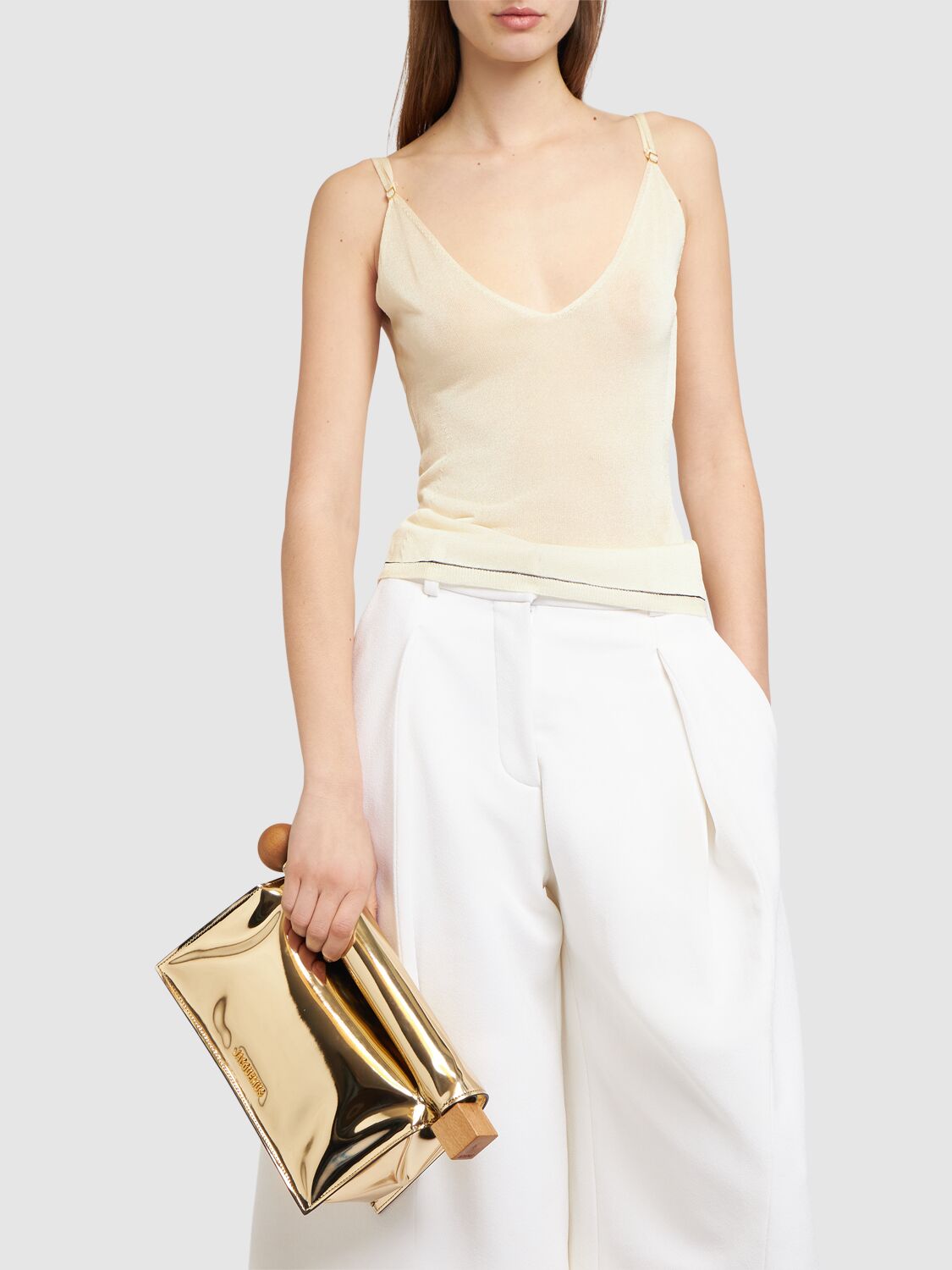 Shop Jacquemus La Pochette Rond Carre Leather Clutch In Gold