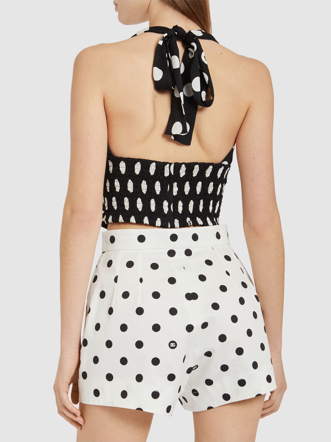 Shop Dolce & Gabbana Polka Dots Print Logo Silk Cropped Top In White,black