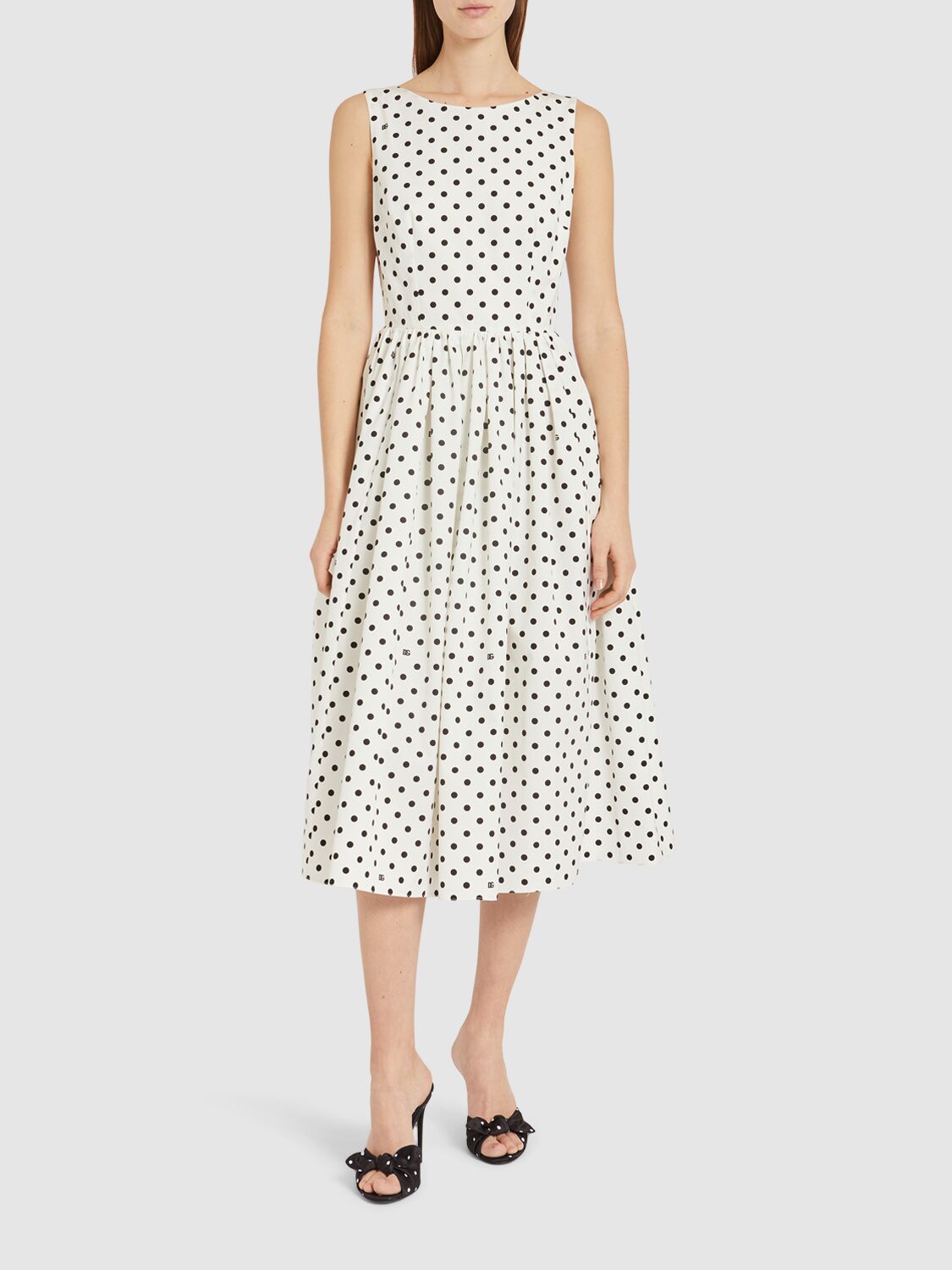 Shop Dolce & Gabbana Polka Dots Sleeveless Cotton Midi Dress In Black,white