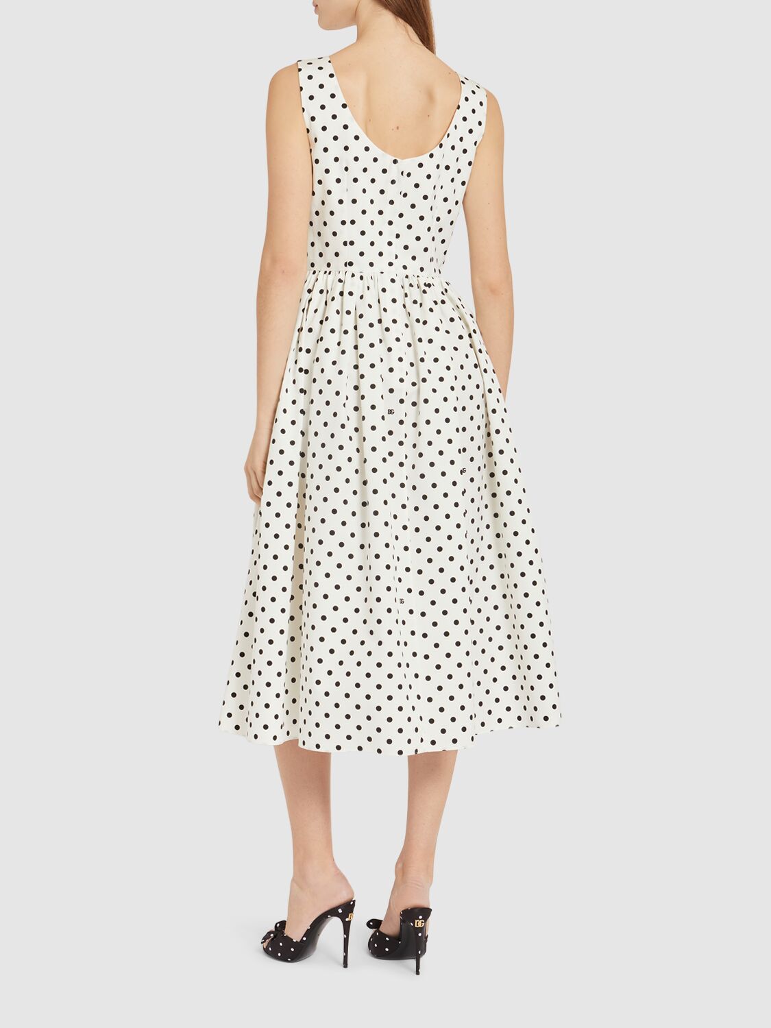 Shop Dolce & Gabbana Polka Dots Sleeveless Cotton Midi Dress In Black,white