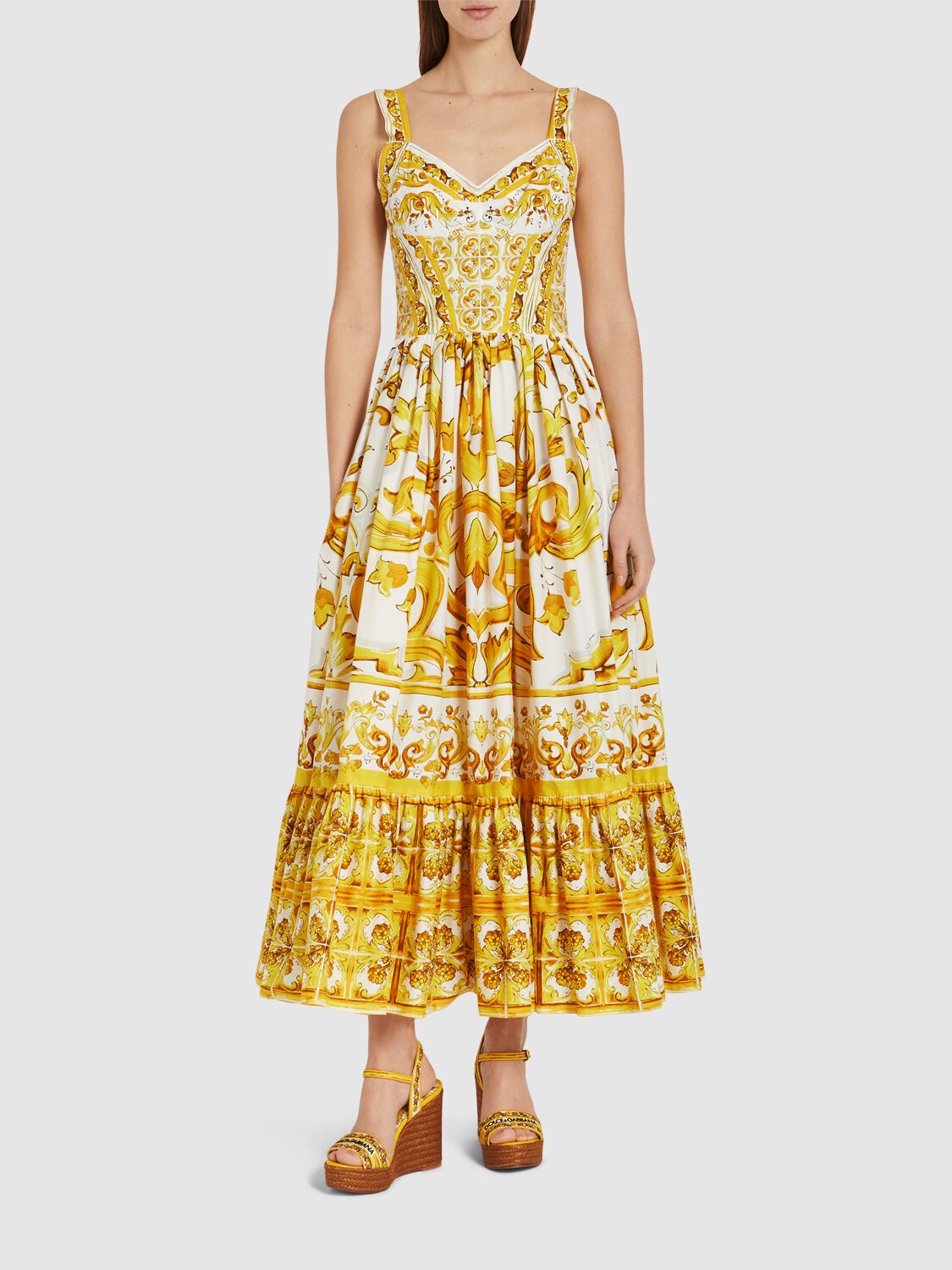 Shop Dolce & Gabbana Maiolica Printed Poplin Midi Dress In 黄色/多色