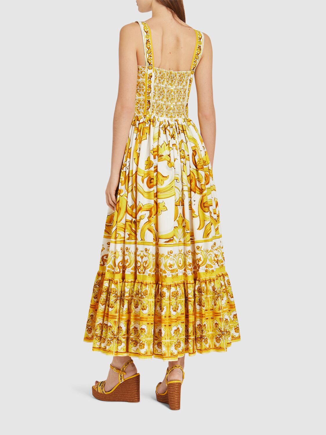 Shop Dolce & Gabbana Maiolica Printed Poplin Midi Dress In 黄色/多色