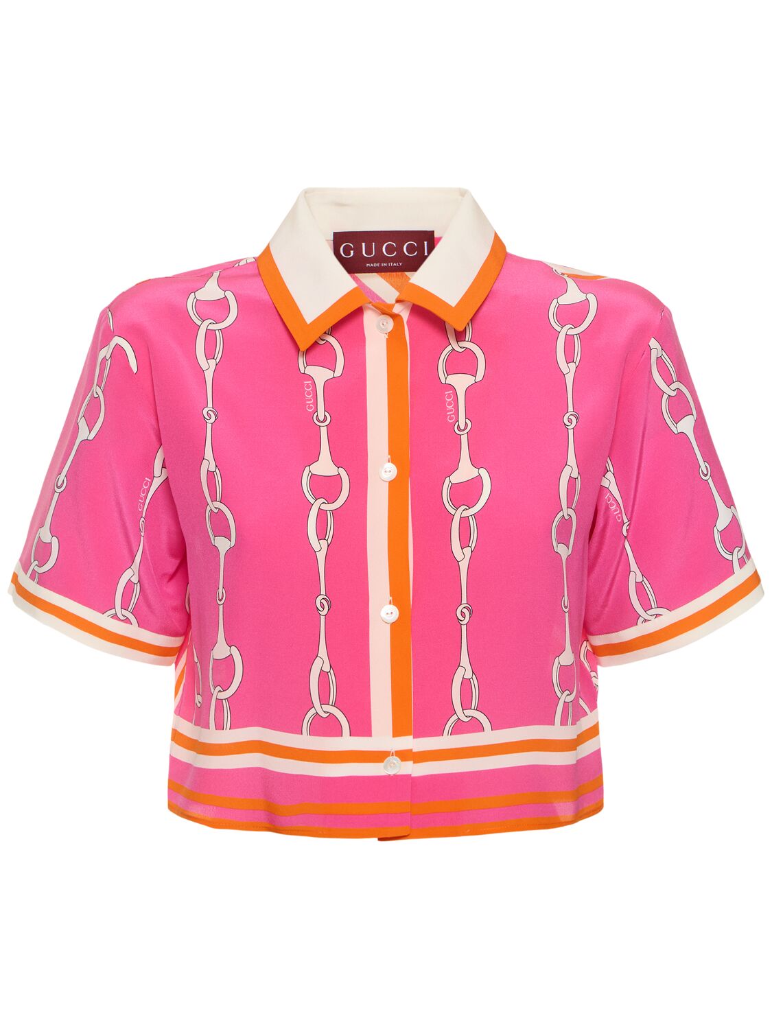 Gucci Horsebit Silk Crop Shirt In Fuchsia/orange