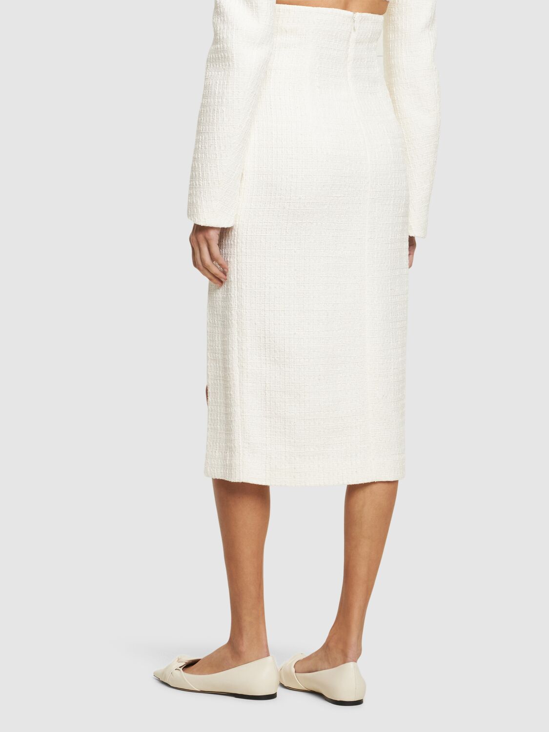 Shop Alessandro Vigilante High Waist Tweed Midi Skirt In White