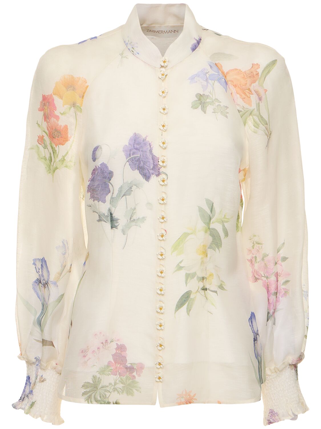 Image of Natura Flowers Printed Silk Linen Blouse