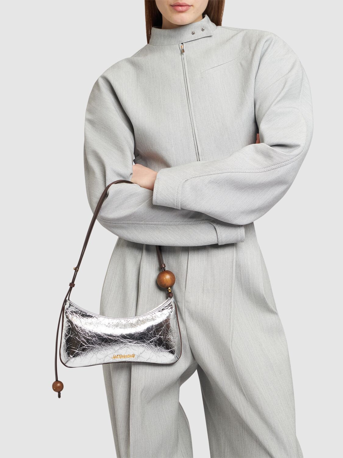 Shop Jacquemus Le Bisou Perle Crinkled Leather Bag In Silver