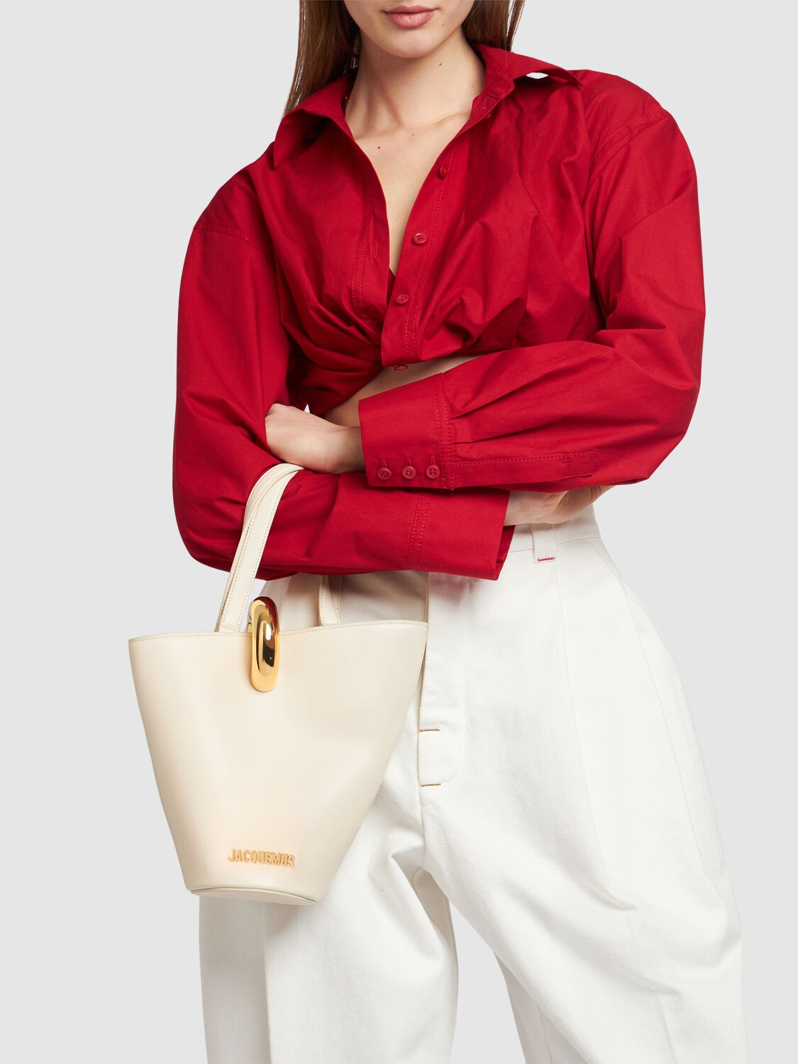 Shop Jacquemus Le Petit Bambola Leather Top Handle Bag In Light Ivory