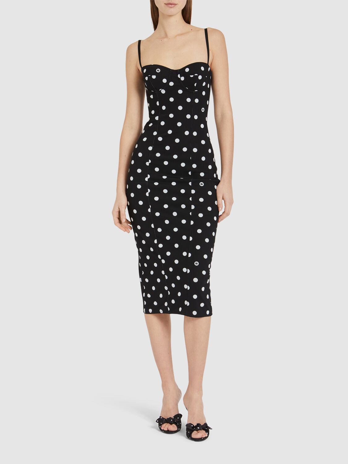 Shop Dolce & Gabbana Polka Dots Printed Midi Dress In White,black