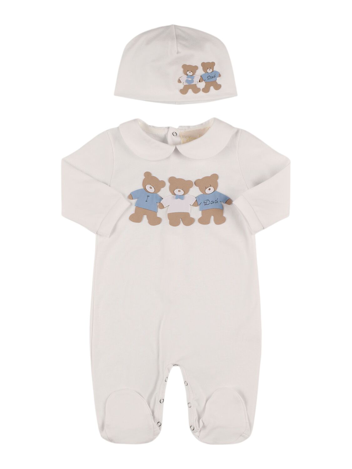 Story Loris Babies' Jersey Romper & Hat W/ Bear Patches In White
