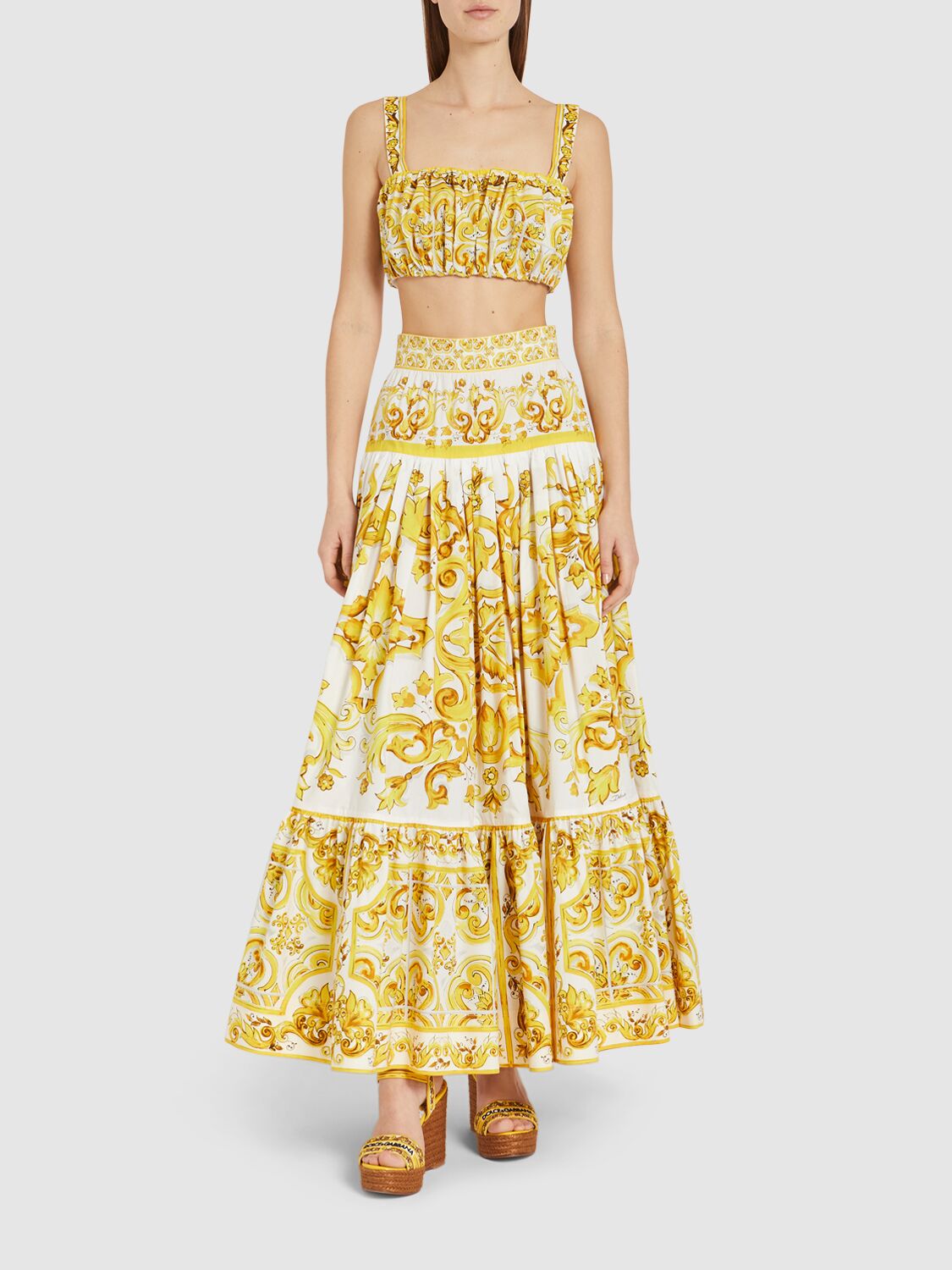 Shop Dolce & Gabbana Maiolica Printed Poplin Long Skirt In 黄色/多色