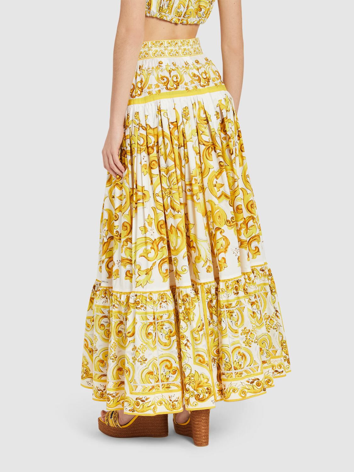 Shop Dolce & Gabbana Maiolica Printed Poplin Long Skirt In 黄色/多色