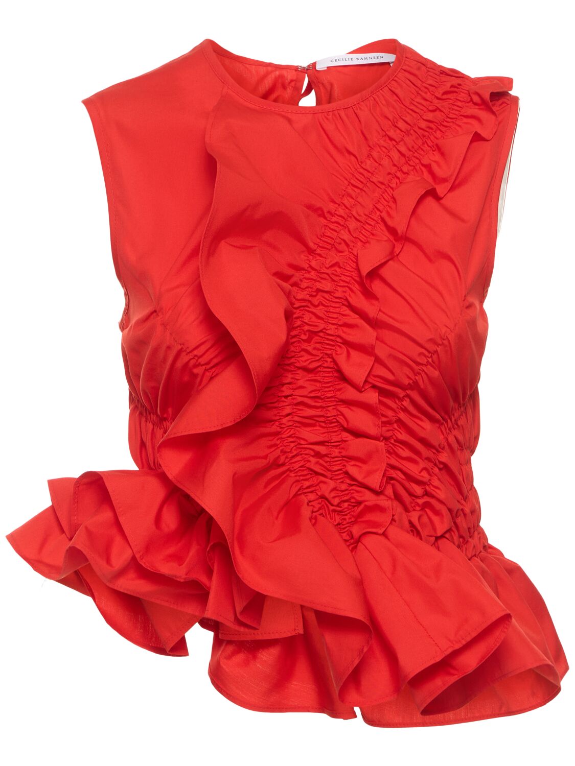 Cecilie Bahnsen Geo Cotton Ruffled Sleeveless Top In Red