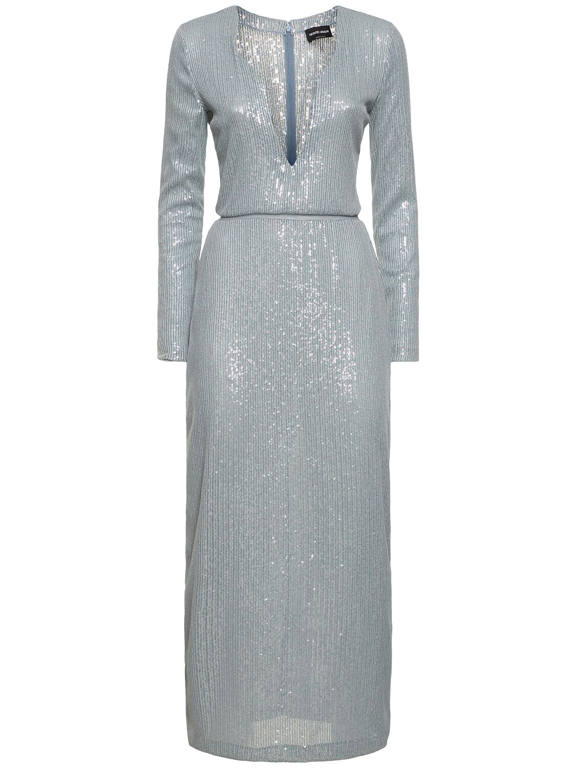 Giorgio Armani Embroidered Jersey Sequined Long Dress In Light Blue