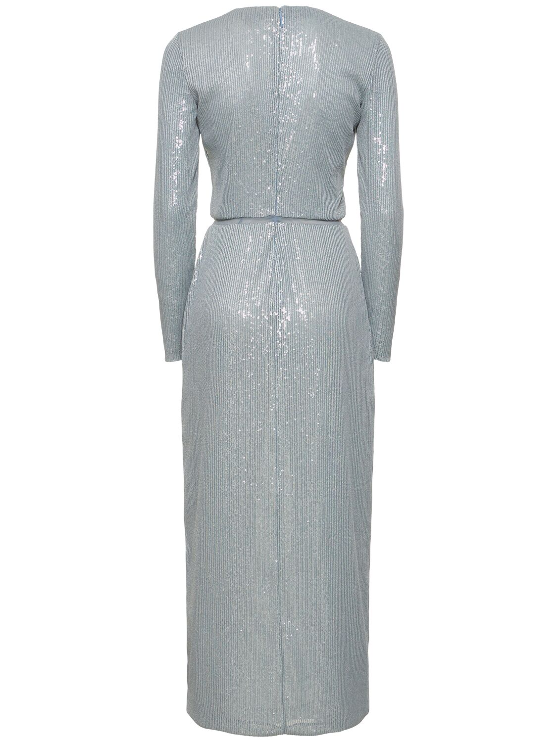 Shop Giorgio Armani Embroidered Jersey Sequined Long Dress In Light Blue