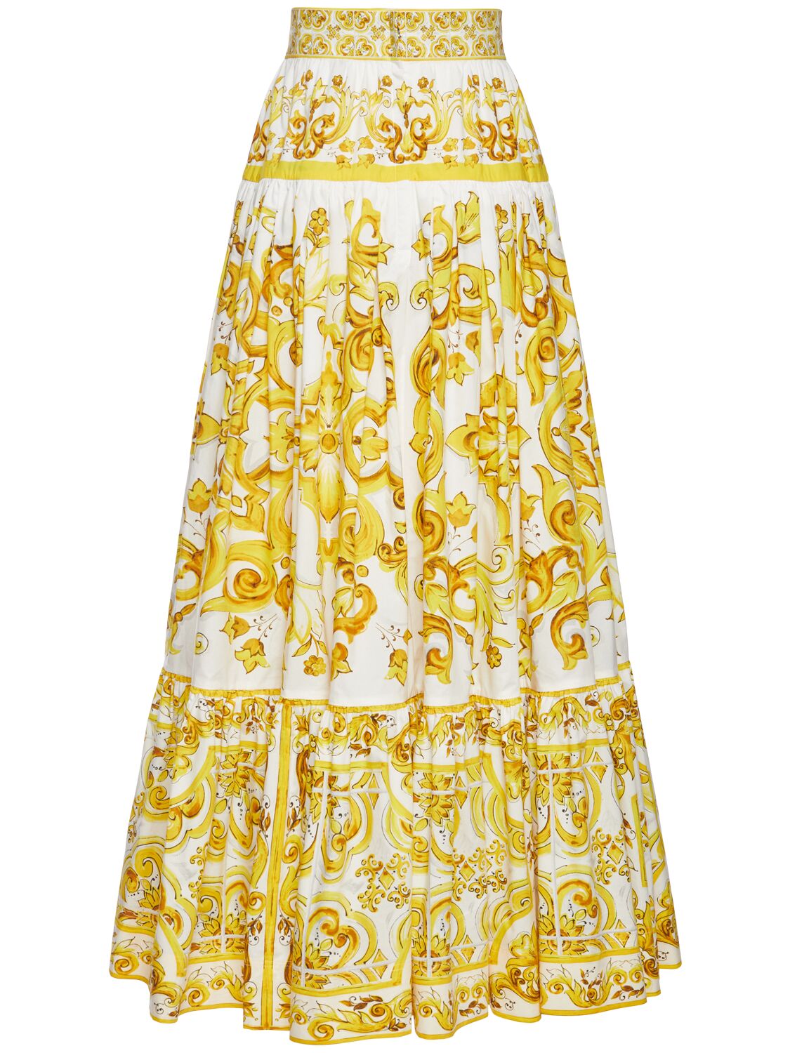 Shop Dolce & Gabbana Maiolica Printed Poplin Long Skirt In 黄色/多色