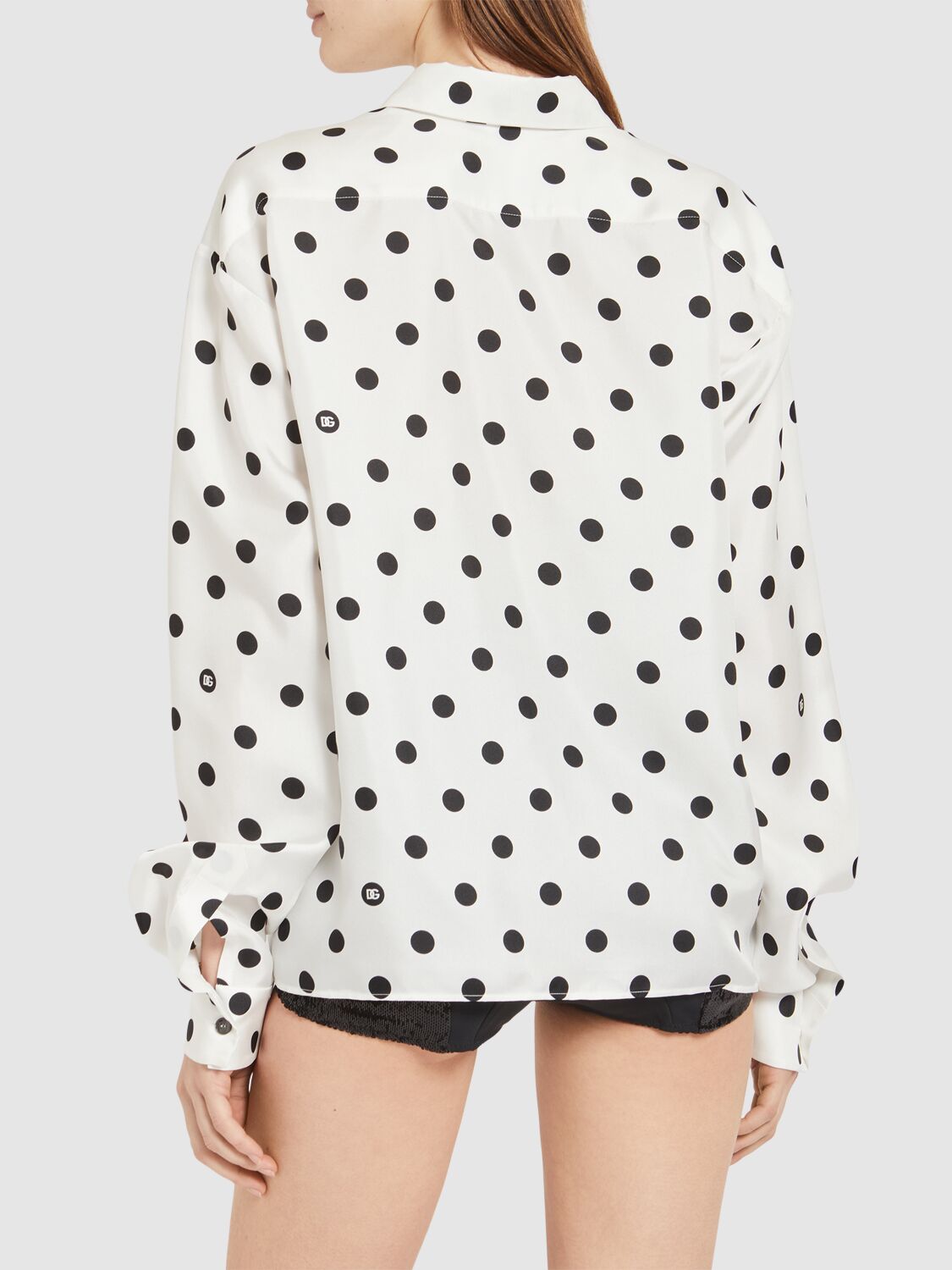 Shop Dolce & Gabbana Polka Dots Logo Printed Silk Twill Shirt In Black,white
