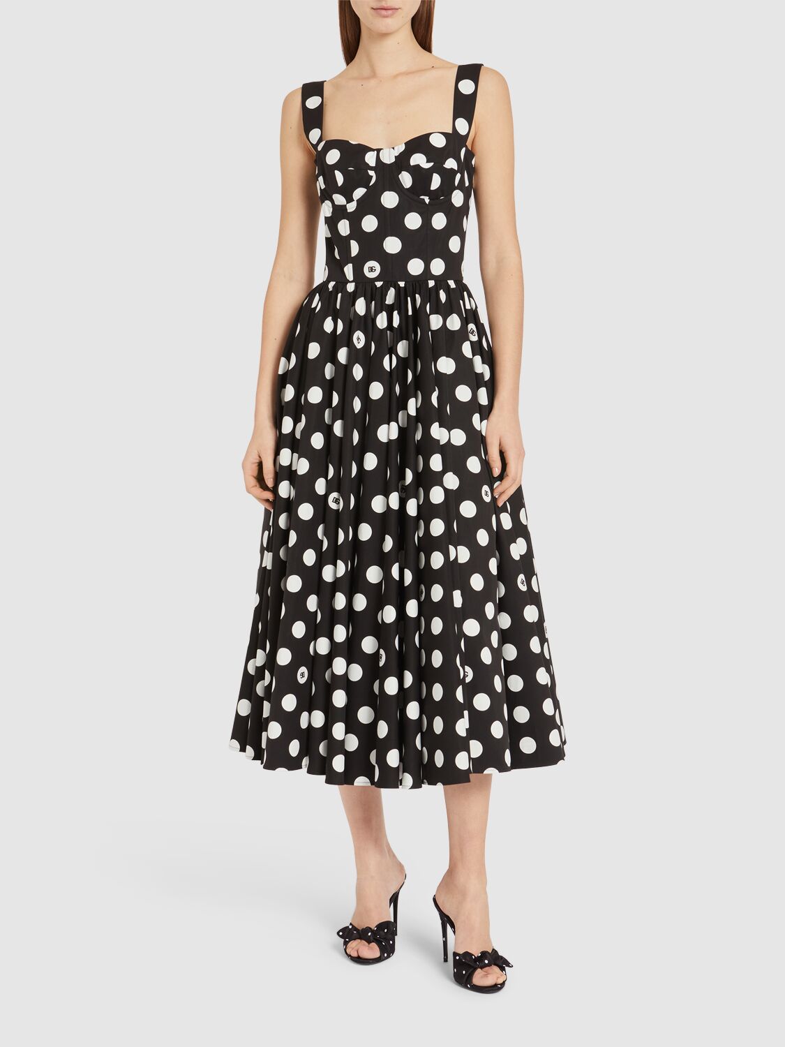 Shop Dolce & Gabbana Polka Dots Logo Cotton Poplin Midi Dress In White,black