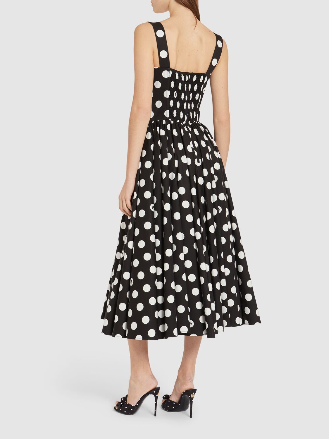 Shop Dolce & Gabbana Polka Dots Logo Cotton Poplin Midi Dress In White,black