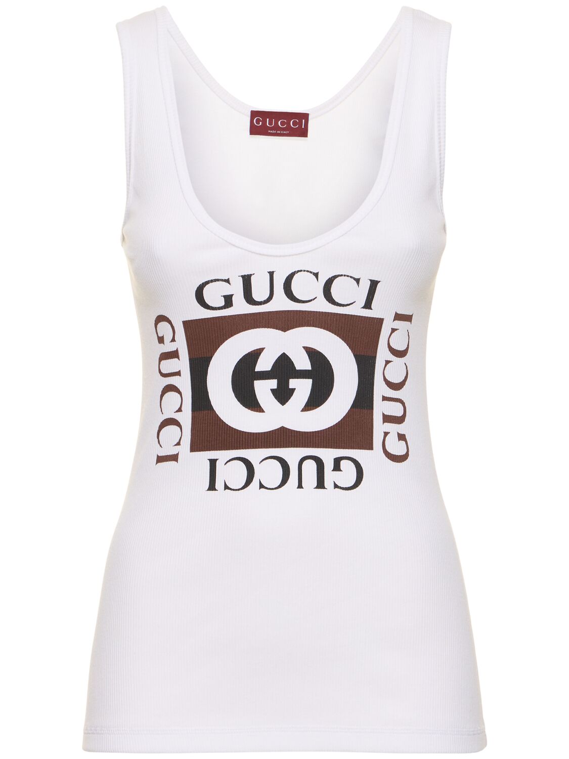Gucci Logo Cotton Tank Top In White,brown