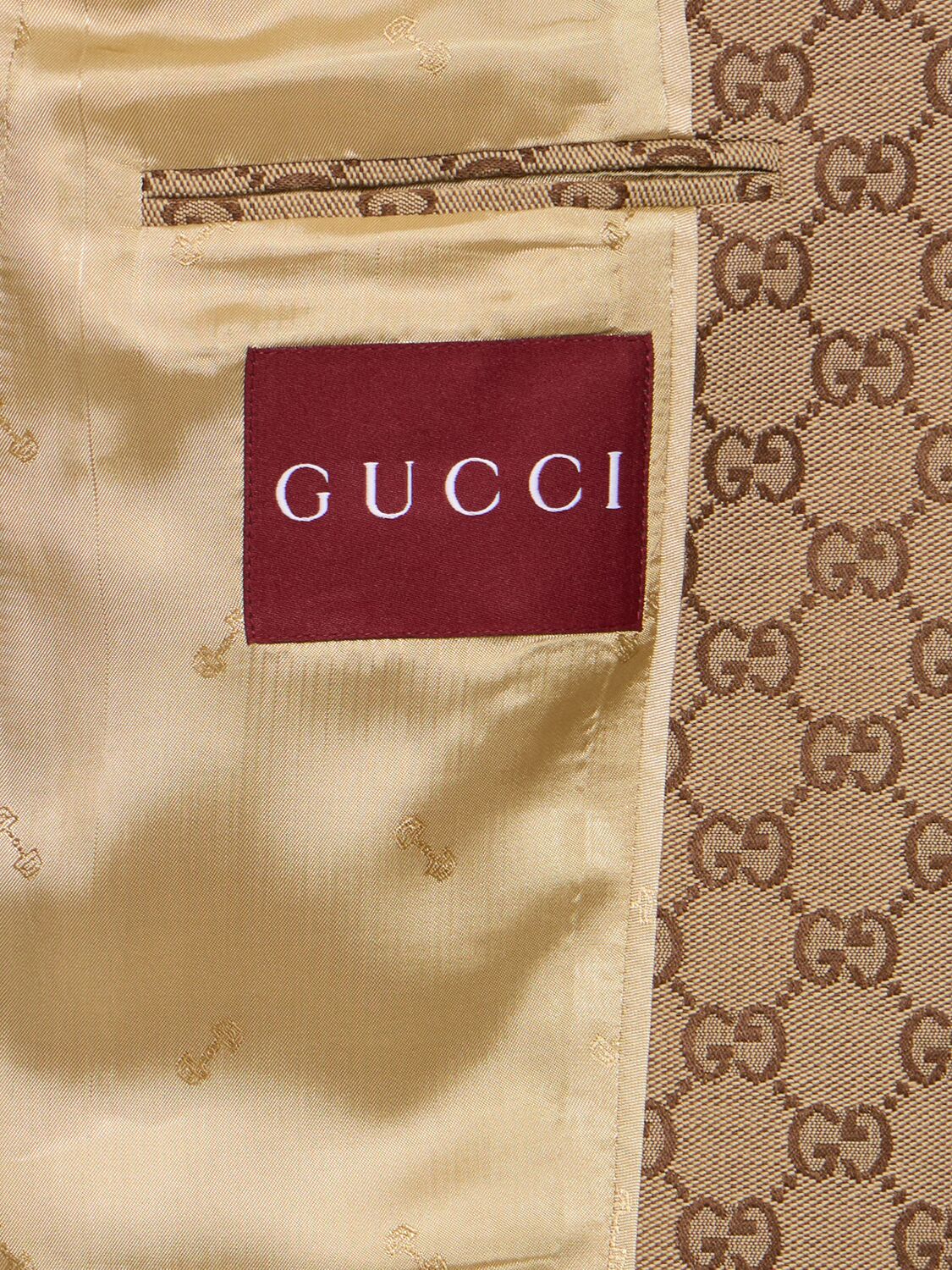 Shop Gucci Gg Canvas Blazer In Camel,ebony