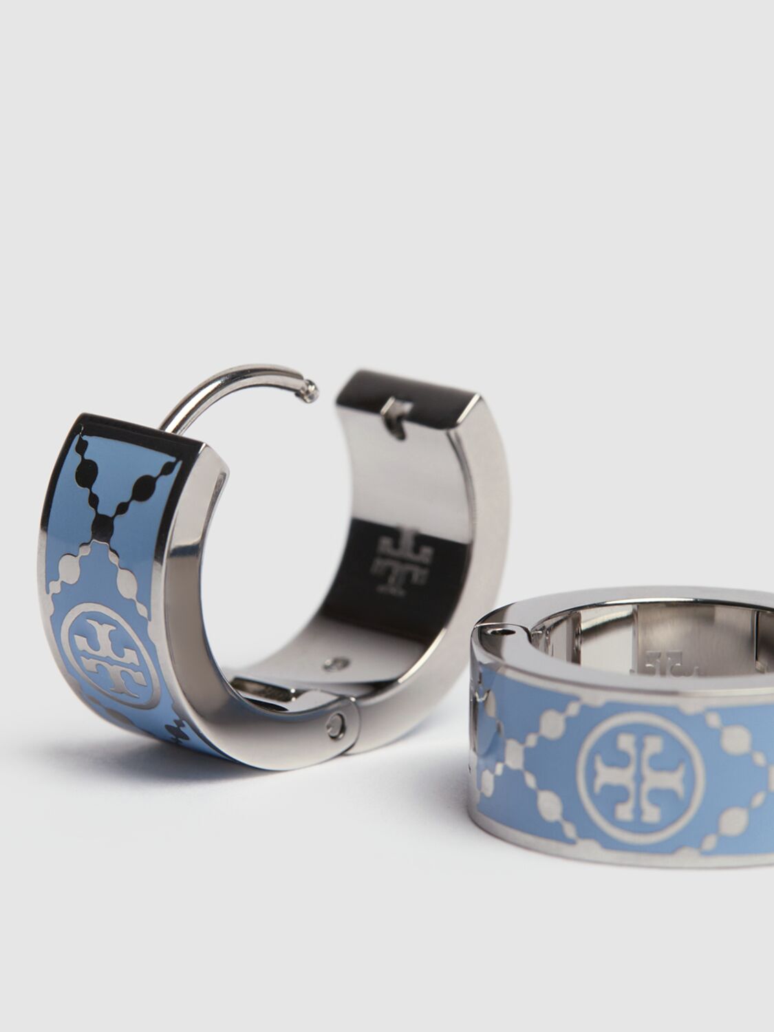 Shop Tory Burch Miller Enamel Hoop Earrings In Blue,silver