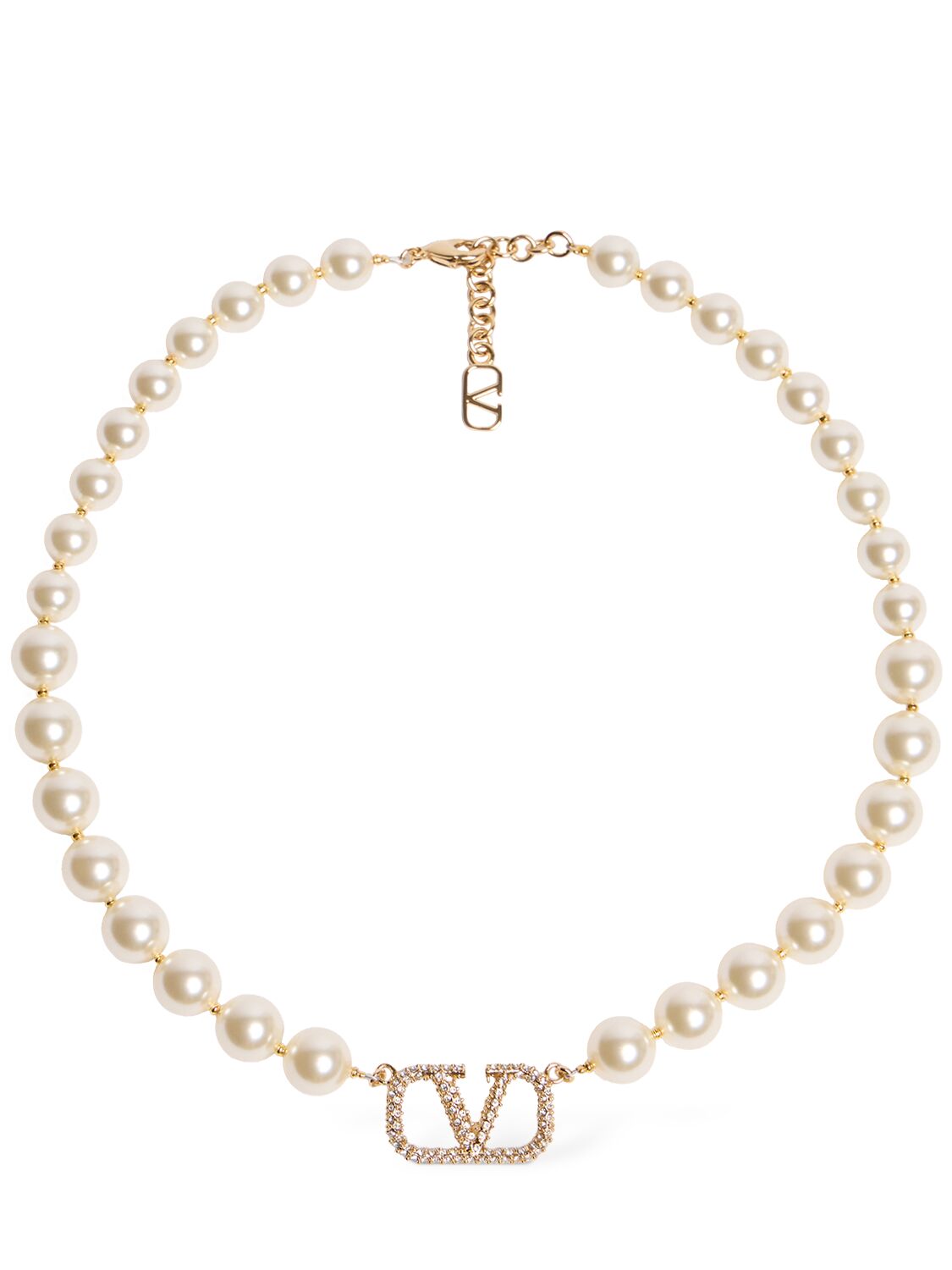 Shop Valentino V Logo Signature Faux Pearl Necklace In Gold,cream