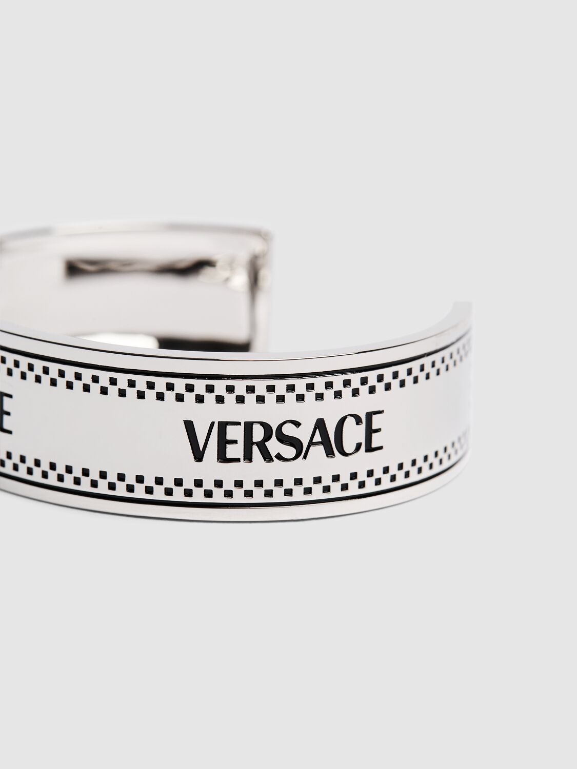 Shop Versace Metal Logo Cuff Bracelet In Palladium,black