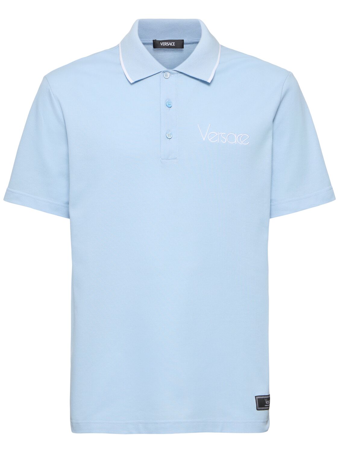 Versace Logo Cotton Piquet Polo In Blue