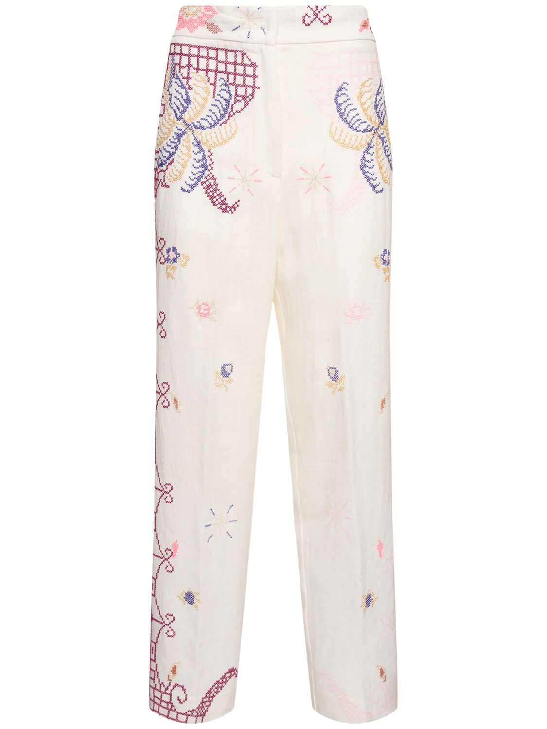 Shop Forte Forte Eden Embroidered Linen Pants In White,multi