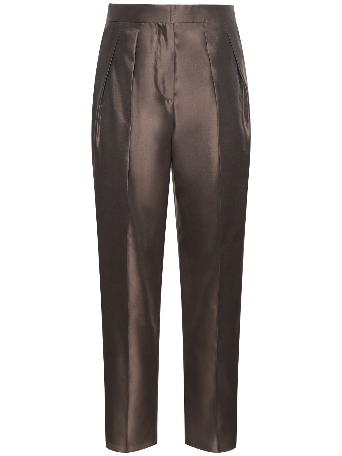 Giorgio Armani Pleated Silk High Rise Straight Pants In Brown