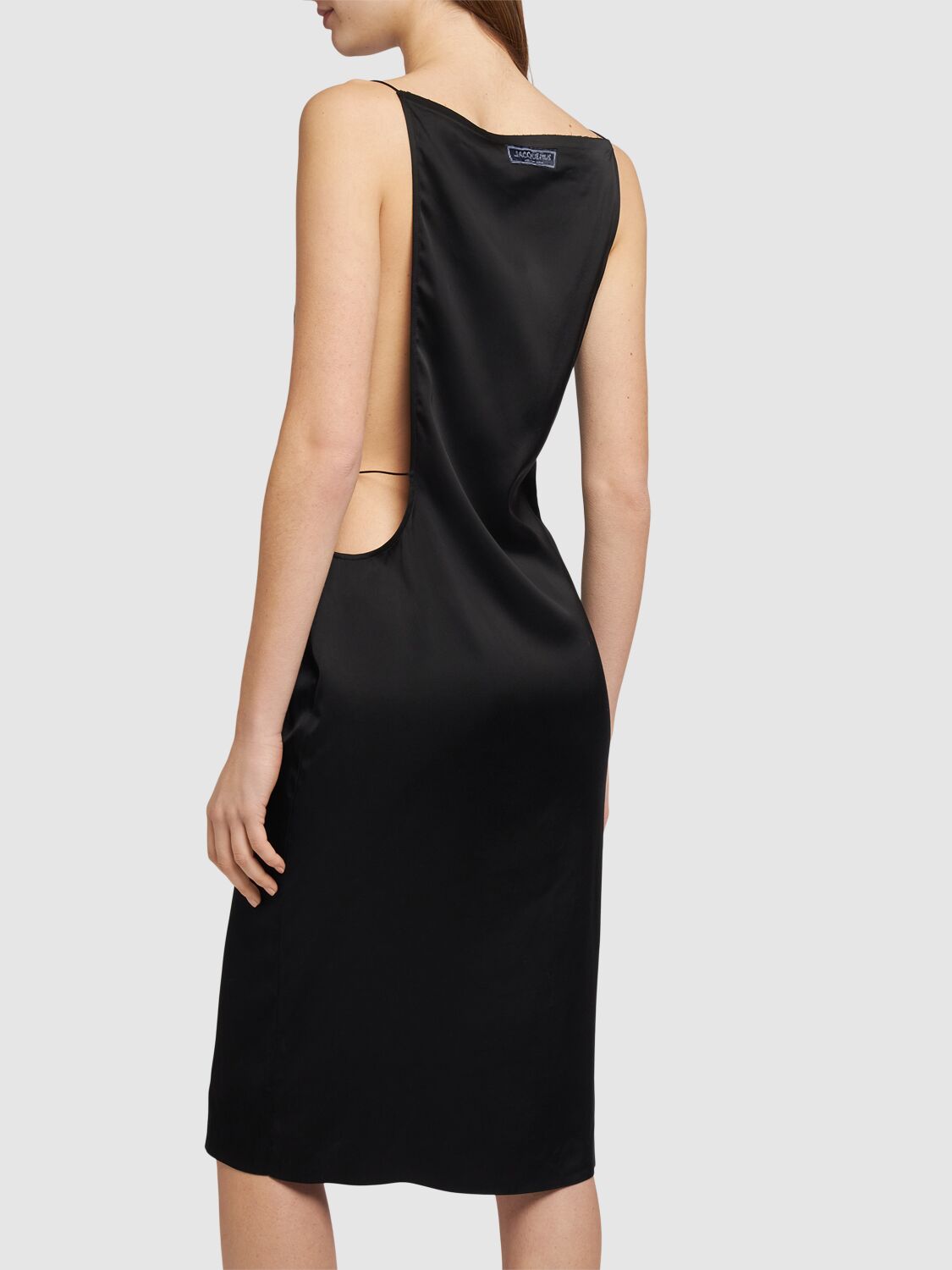 Jacquemus Spoglio High-neck Plunging-side Satin Dress In Black