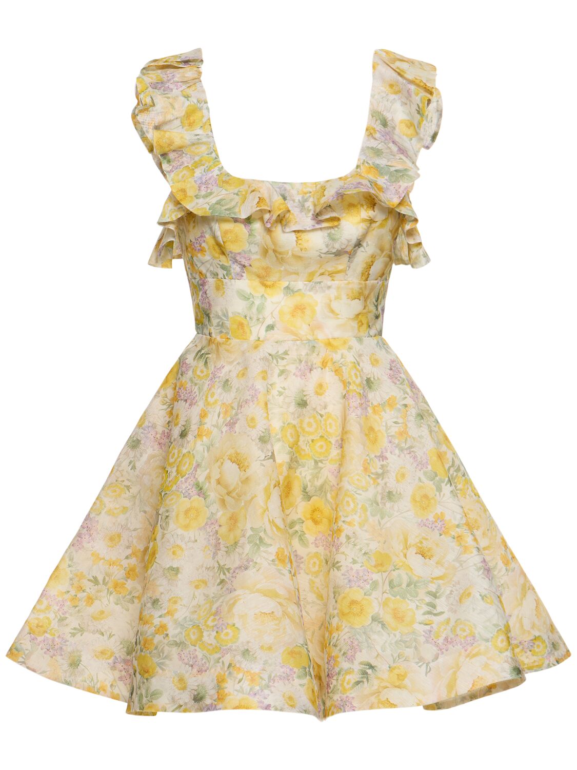Shop Zimmermann Harmony Ruffled Linen Silk Mini Dress In Yellow