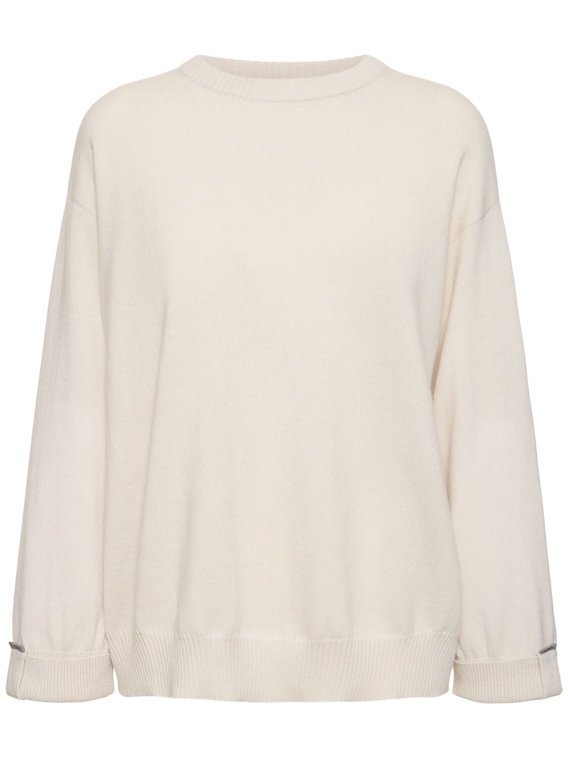 Brunello Cucinelli Embellished Cashmere Knit Sweater In Ice White