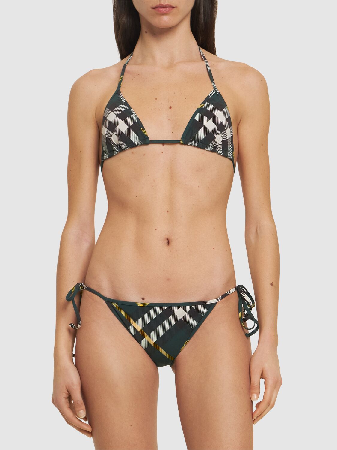 Shop Burberry Check Lycra Triangle Bikini Bottoms In Green,multi