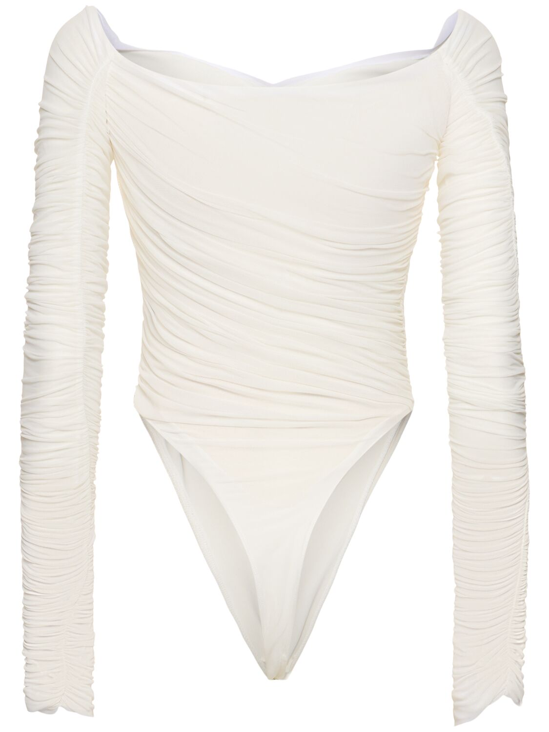 Shop Mugler Draped Long Sleeve Bodysuit In White