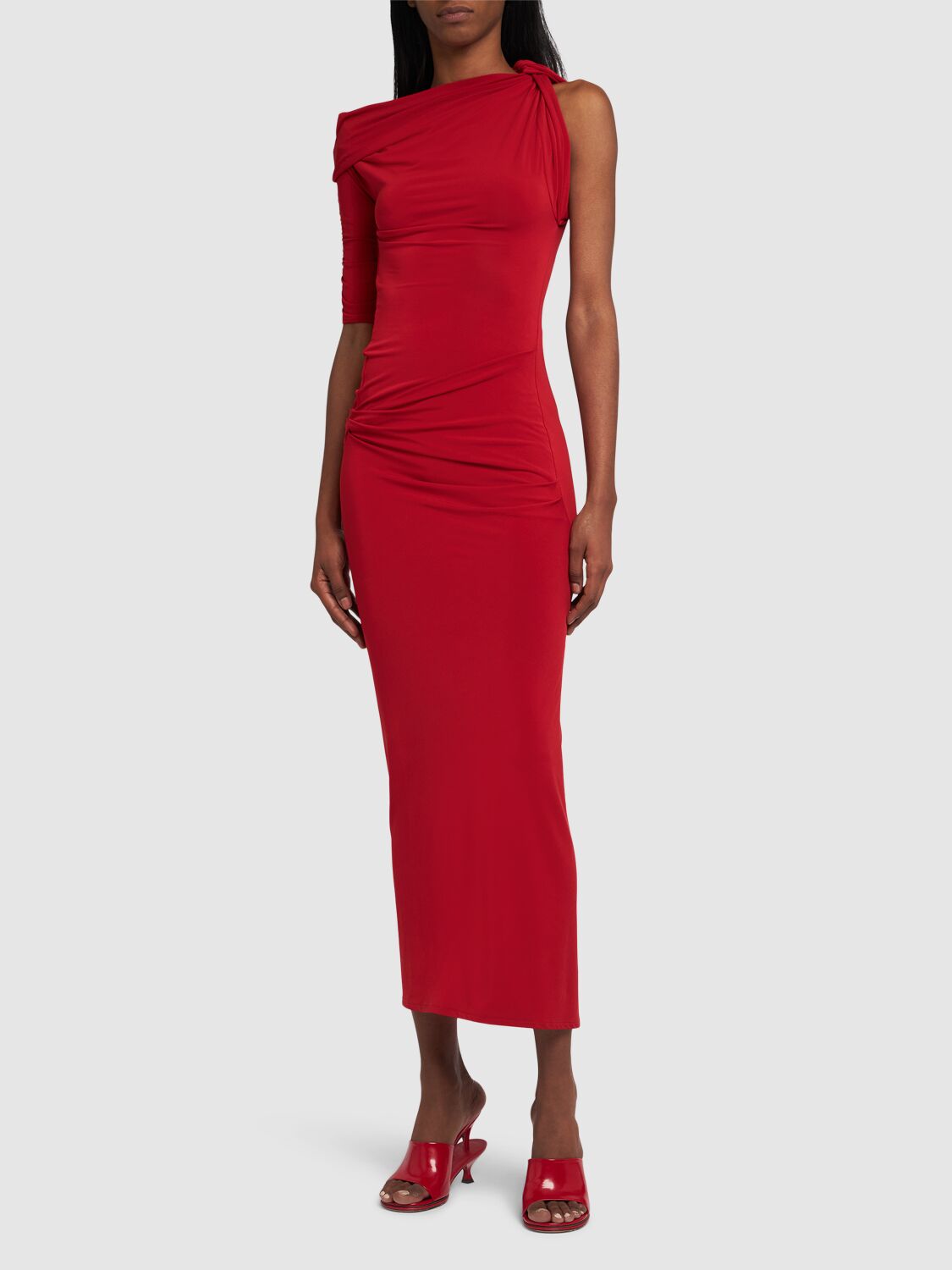 Shop Jacquemus La Robe Drapeado Jersey Midi Dress In Red