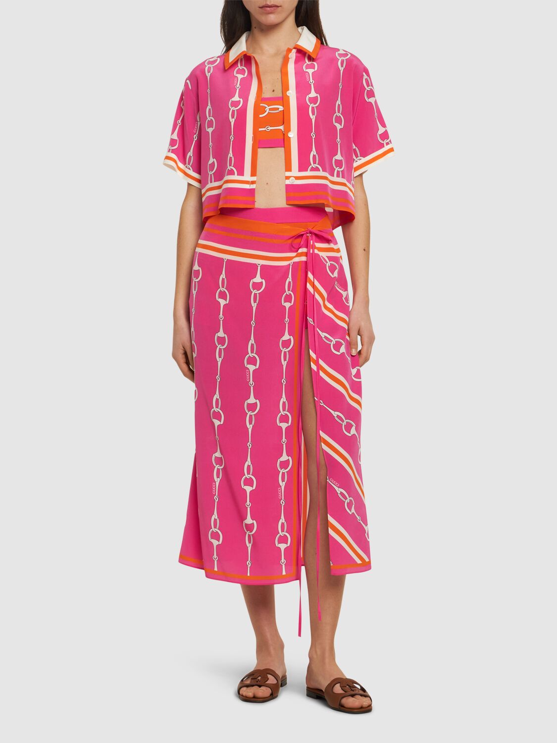 Shop Gucci Horsebit Silk Wrap Skirt In Fuchsia/orange