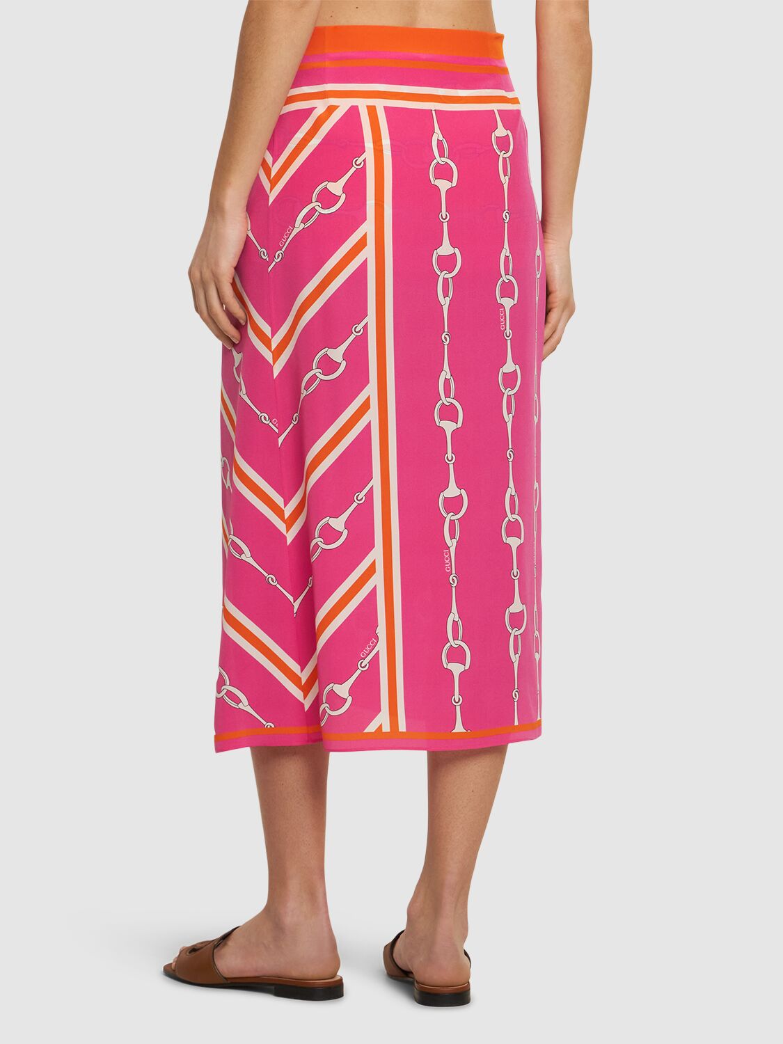 Shop Gucci Horsebit Silk Wrap Skirt In Fuchsia/orange