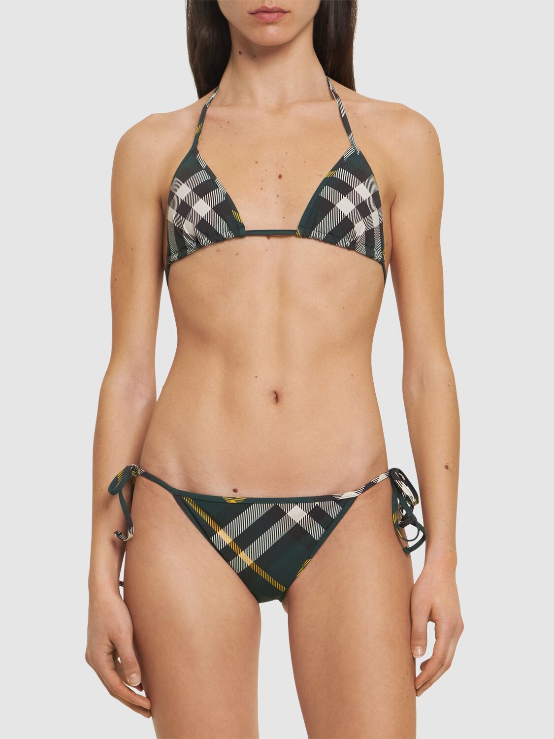 Shop Burberry Check Lycra Triangle Bikini Top In Green,multi