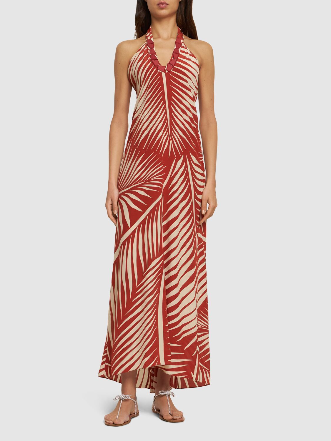 Johanna Ortiz Printed Silk Crepe Long Dress In Red,beige
