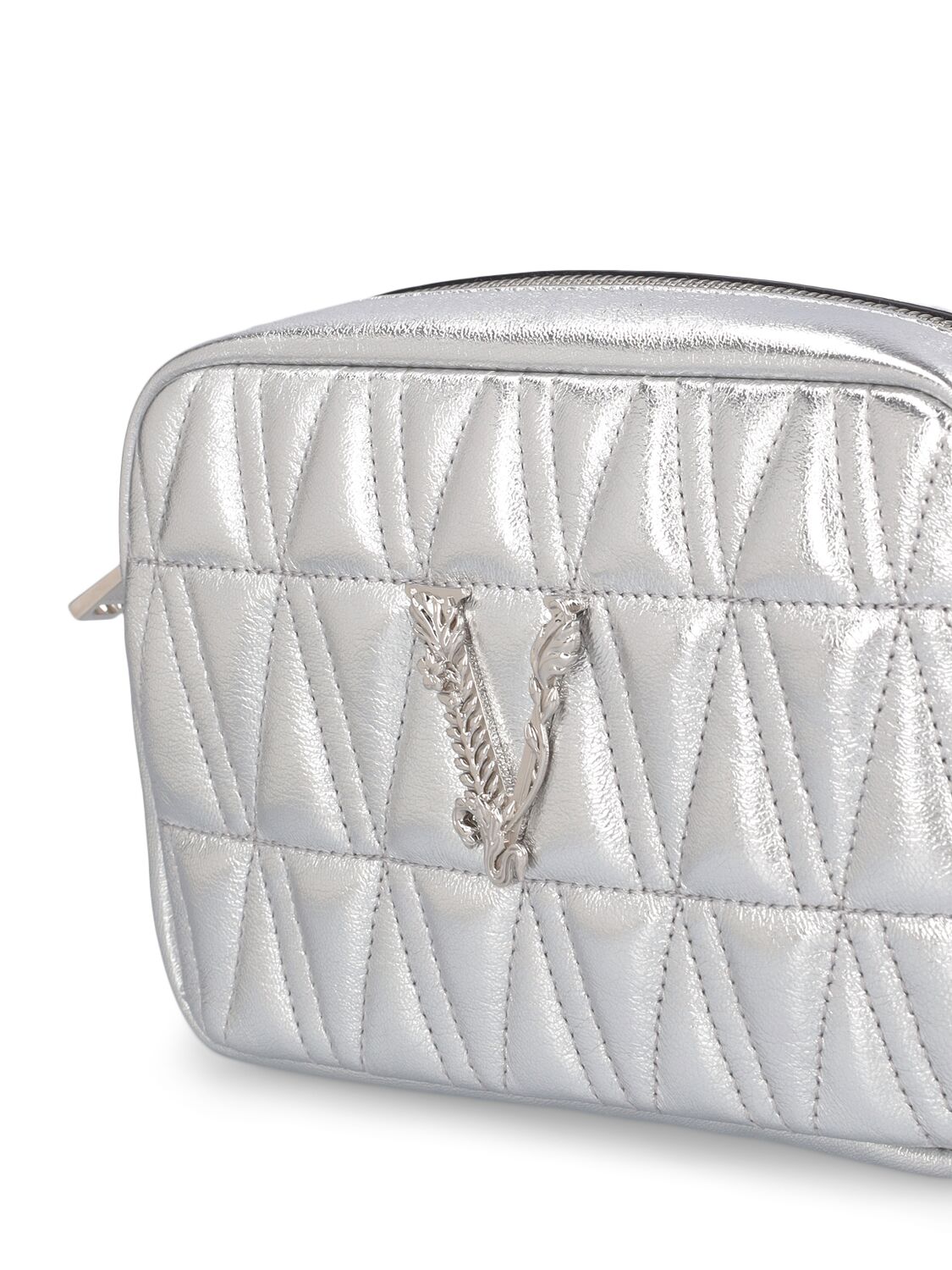 Shop Versace Mini Leather Shoulder Bag In Silver