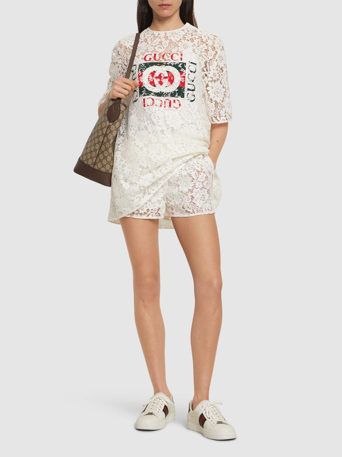 Shop Gucci Floral Cotton Blend Lace Top W/ Print In Off White