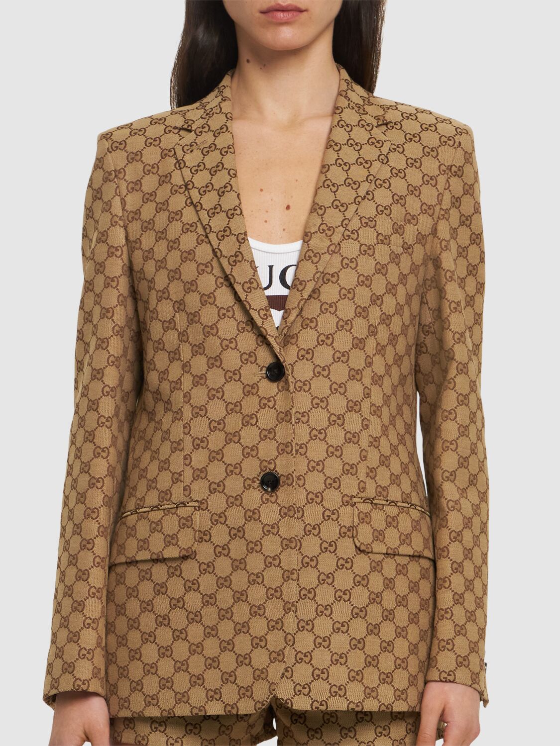Shop Gucci Gg Canvas Blazer In Camel,ebony