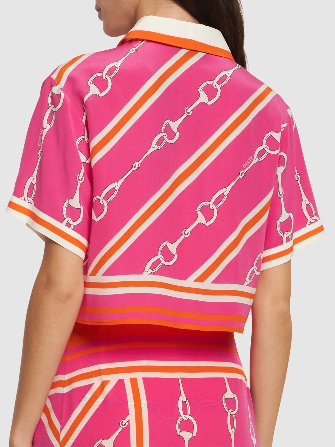 Shop Gucci Horsebit Silk Crop Shirt In Fuchsia/orange