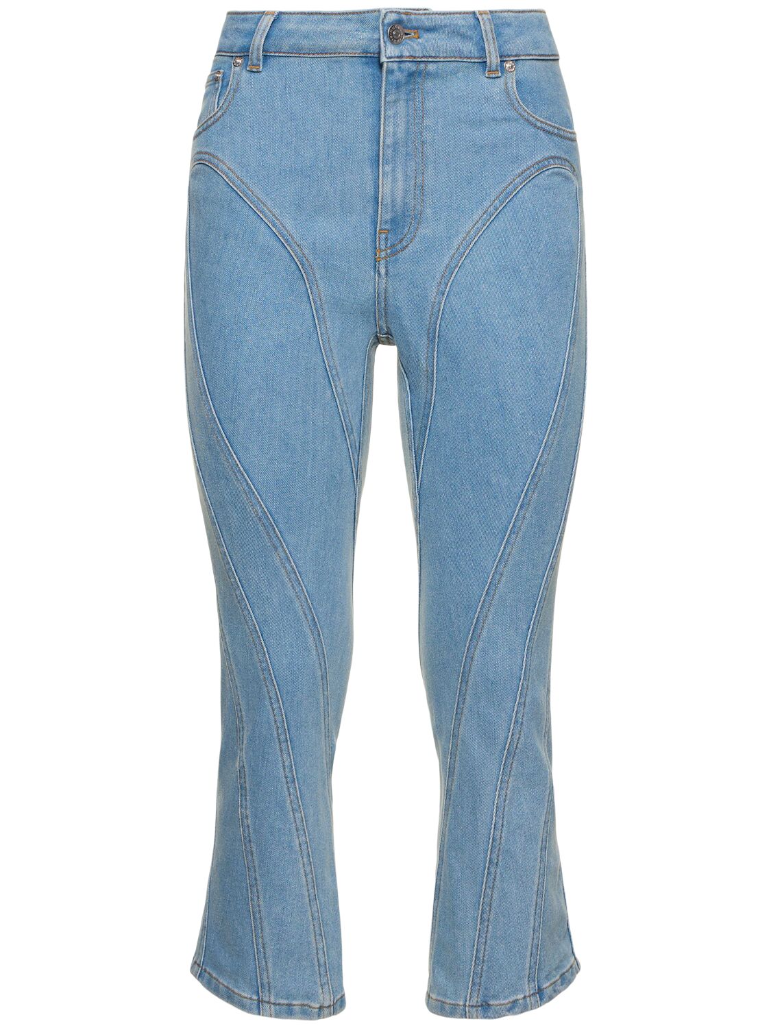 Shop Mugler Stretch Denim Cropped Jeans In Light Blue
