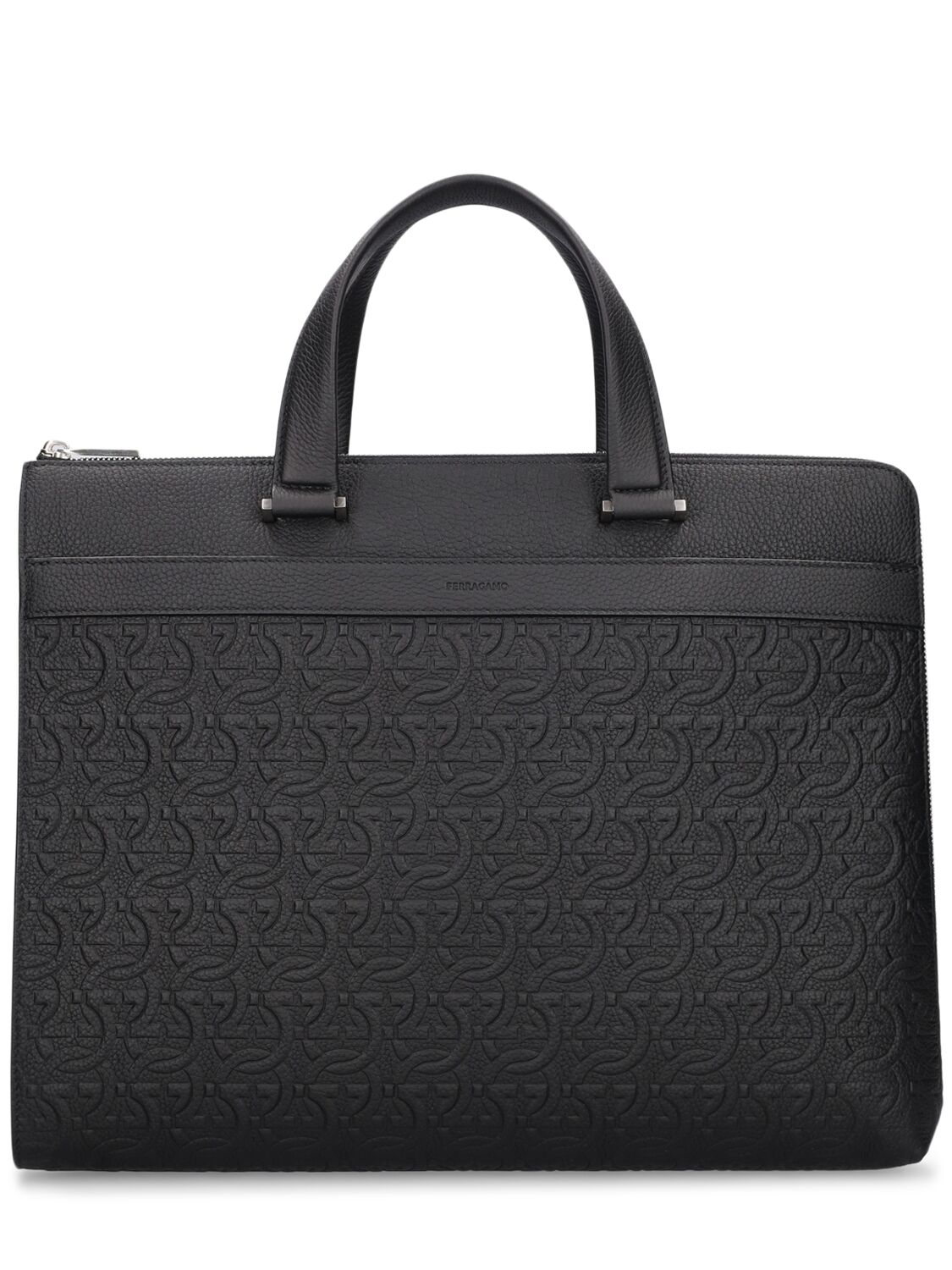 Ferragamo Logo Embossed Leather Briefcase In Black