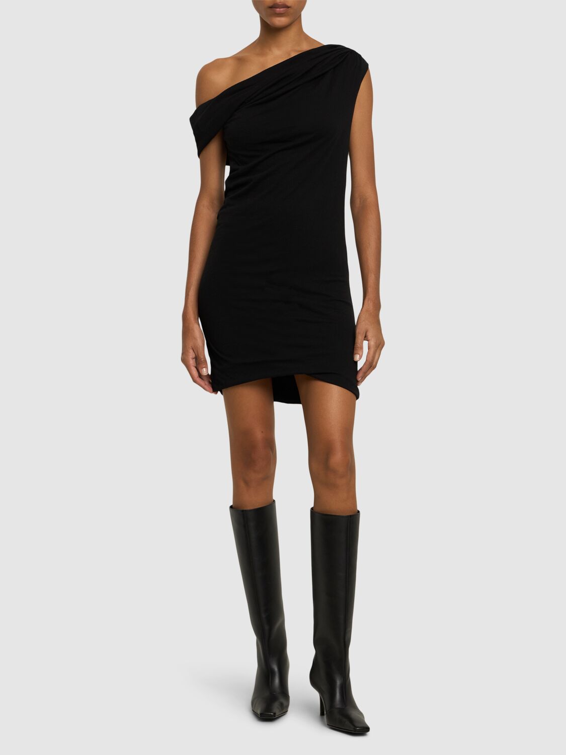 Shop Msgm Draped Cotton Jersey Mini Dress In Black