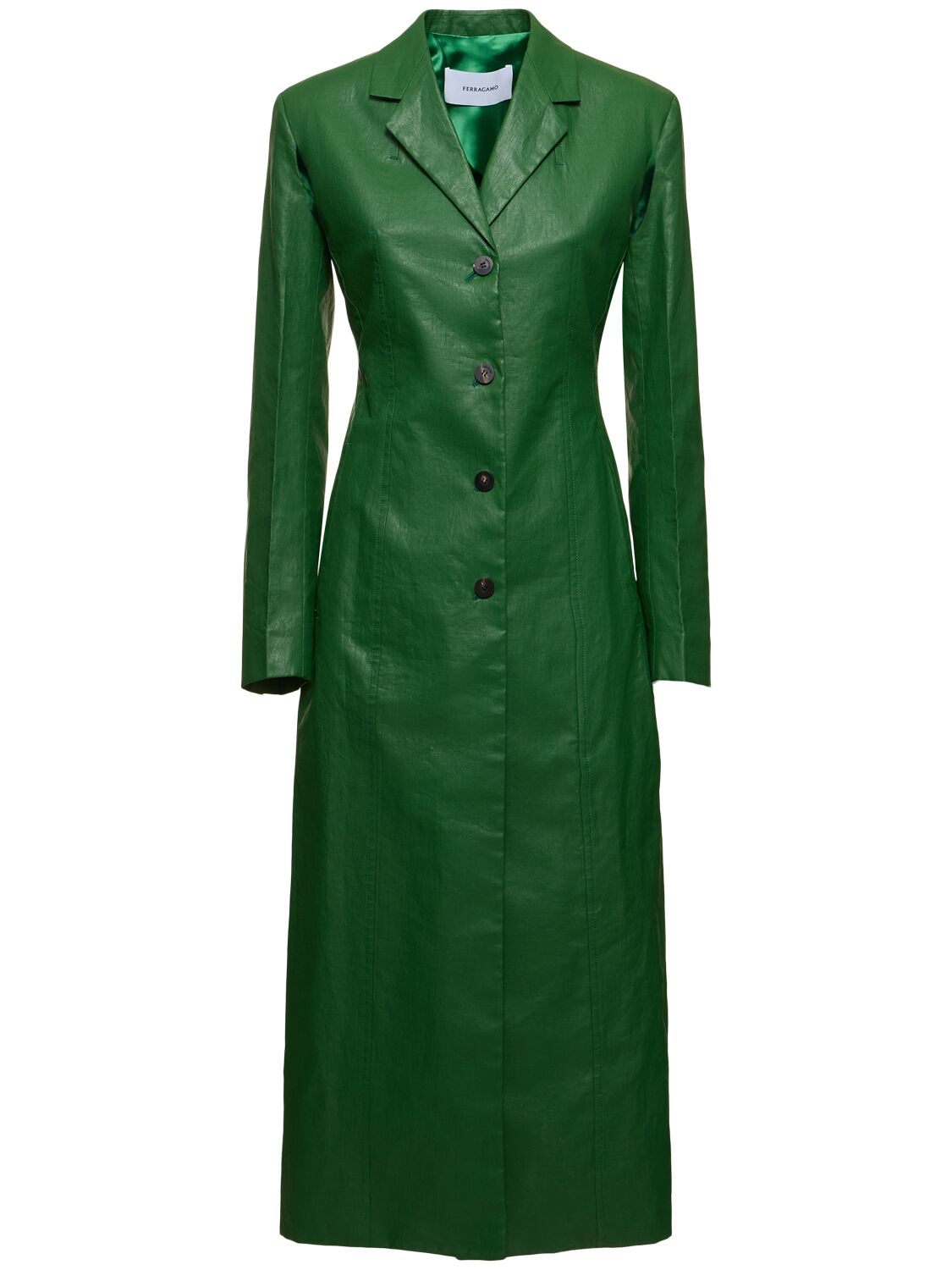 Ferragamo Coated Linen Single-breasted Long Coat In Forest Green
