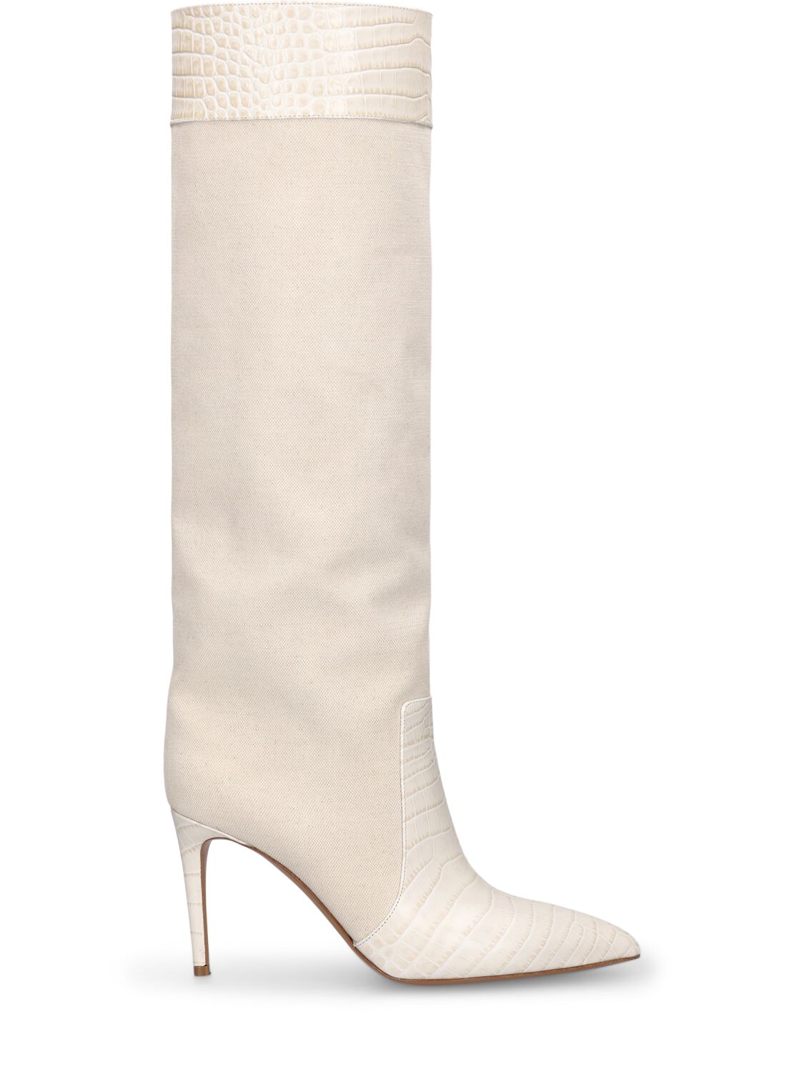 Paris Texas 85mm Stiletto Leather & Canvas Boots In Off White,beige