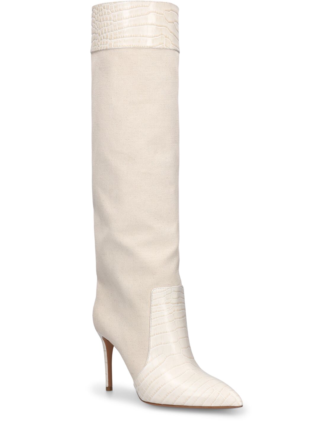 Shop Paris Texas 85mm Stiletto Leather & Canvas Boots In Off White,beige